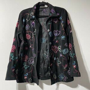 Womens Vintage Embroidered Black Colorful Floral Print Button Front Blouse M